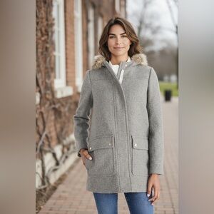 J Crew Wool Blend Pea Coat Grey Fur Trim